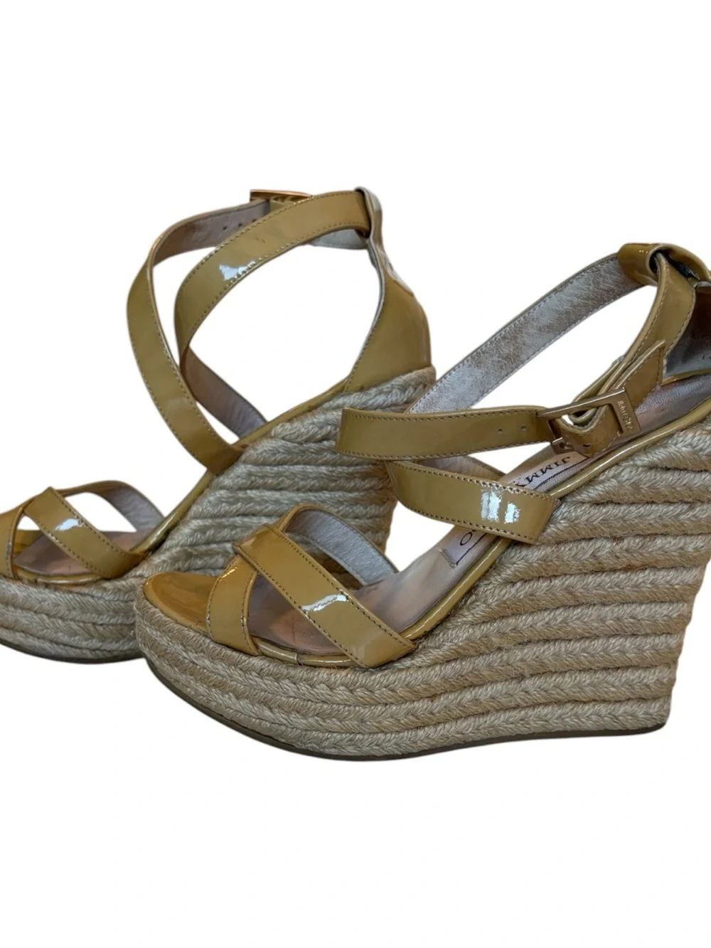 JIMMY CHOO Patent Leather Espadrille Wedge Sandals in Beige and raffia heel